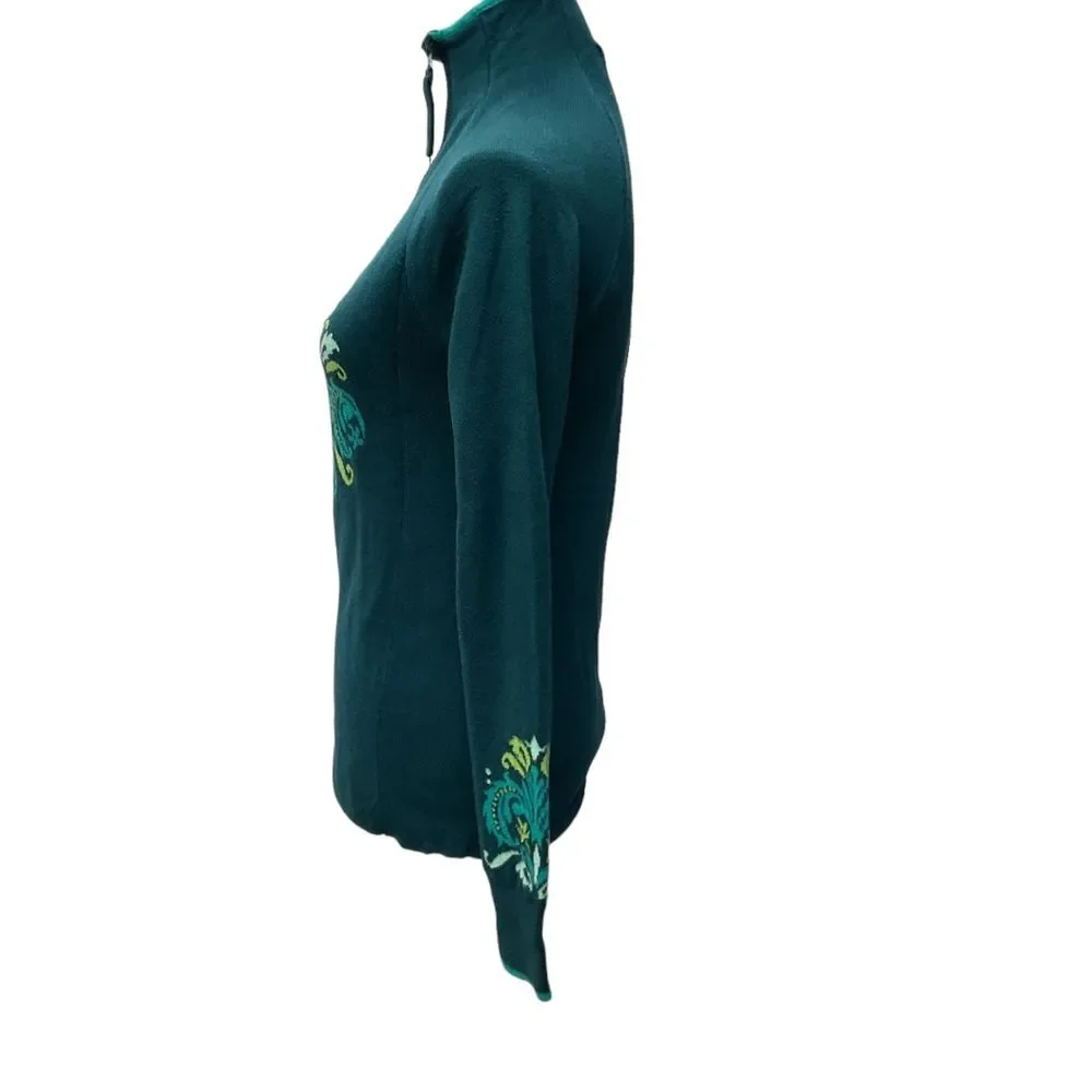 Athleta 1/4 Zip Floral‎ Knit Pullover Sweater Blue Green Thumbholes Size S Cozy